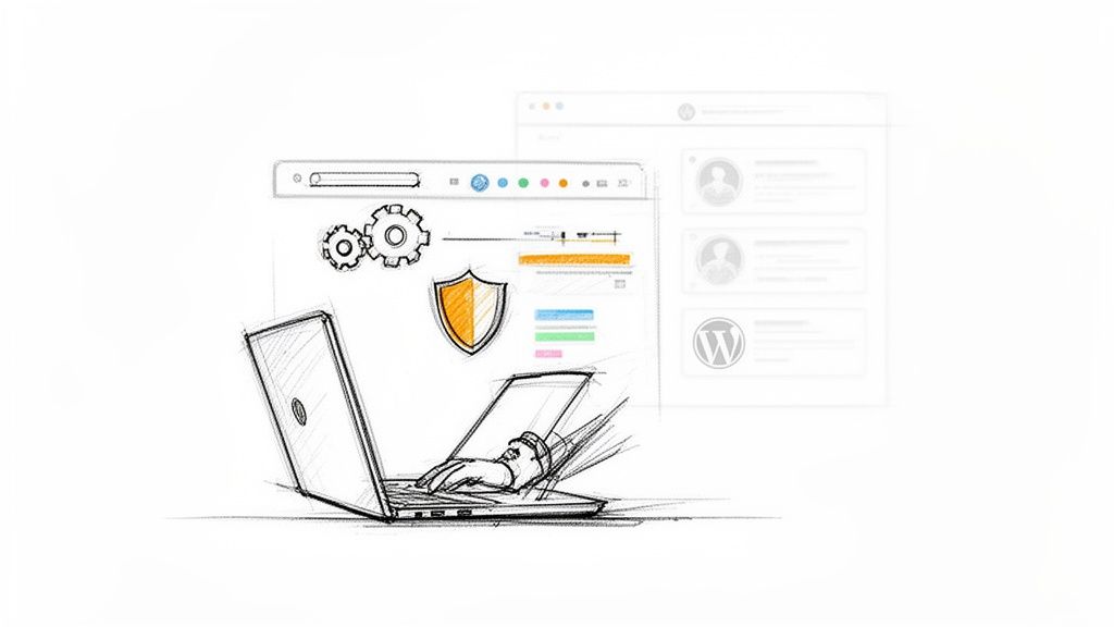 Skizze eines Laptops mit tippender Hand, Browserfenstern, Zahnrädern, Sicherheitsschild und WordPress-Logo.