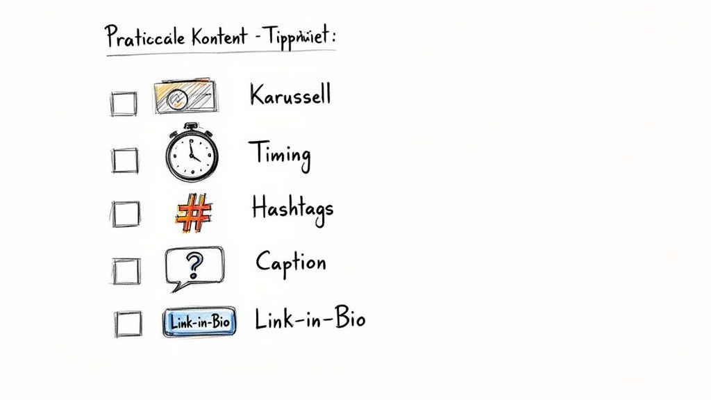 Checkliste mit Content-Tipps für soziale Medien, inklusive Karussell, Timing, Hashtags, Caption und markiertem Link-in-Bio.