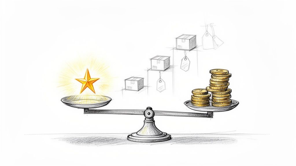 Eine Waage mit einem leuchtenden Stern auf der einen Seite und Münzstapeln auf der anderen, im Hintergrund Produktkartons mit Preisschildern.