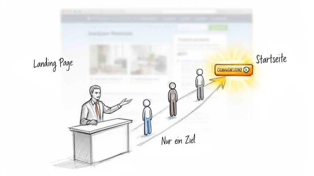 Ein Mann erklärt den Weg von einer Landing Page zum Zielbutton 'Startseite' für Kunden.