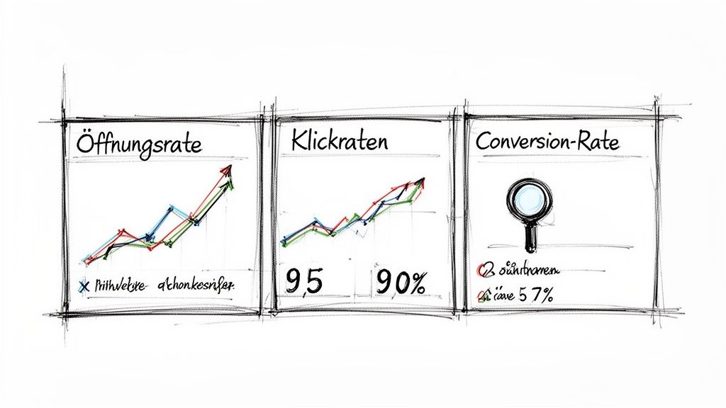 Drei handgezeichnete Diagramme zeigen steigende Kennzahlen wie Öffnungs-, Klick- und Conversion-Rate.