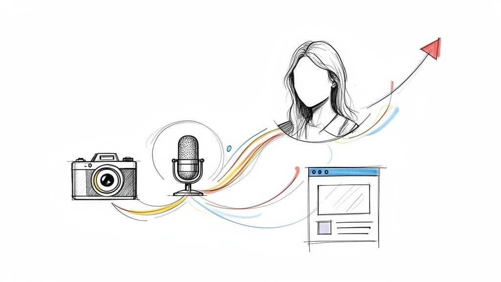 Skizze von Kamera, Mikrofon, Frau und Webseite, die durch einen Wachstumspfeil zum Online-Erfolg führt.