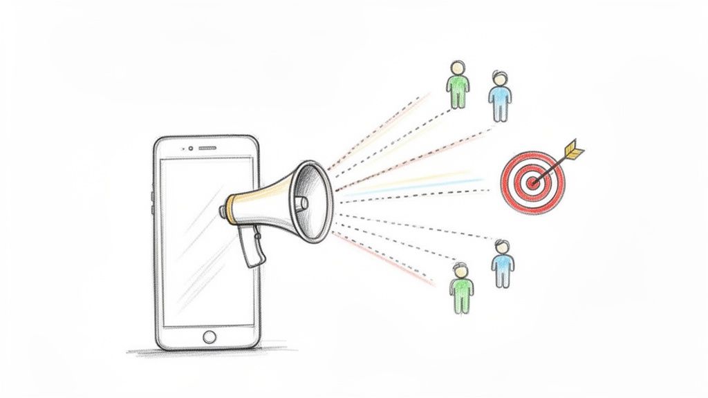 Ein Smartphone mit Megafon sendet Botschaften an eine Zielgruppe und ein Ziel.