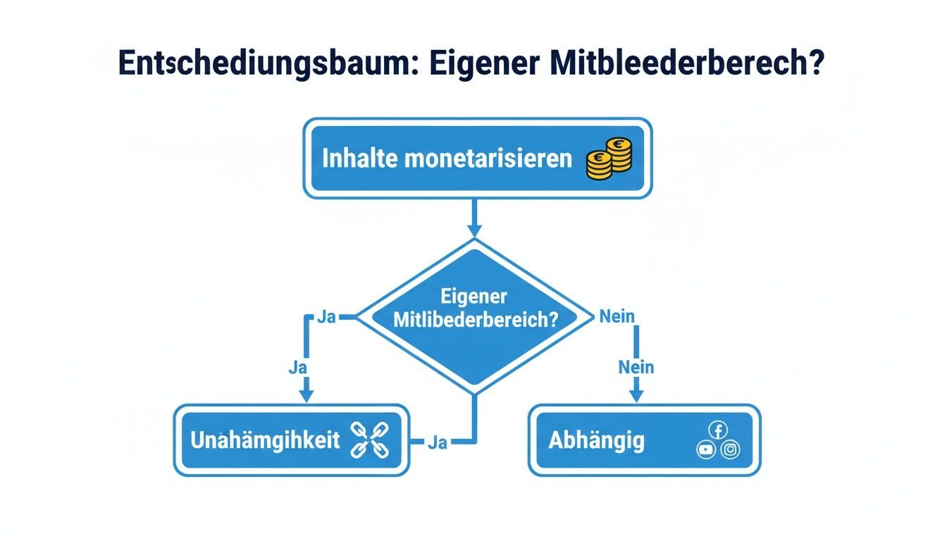 Entscheidungsbaum zur Monetarisierung von Inhalten: Ein eigener Mitgliederbereich führt zu Unabhängigkeit, externe Plattformen zu Abhängigkeit.
