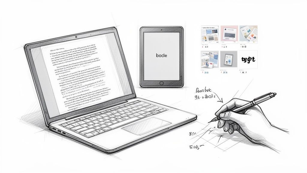 Eine Skizze zeigt Laptop, Tablet und eine Hand, die auf Papier schreibt, symbolisierend digitale und analoge Arbeit.