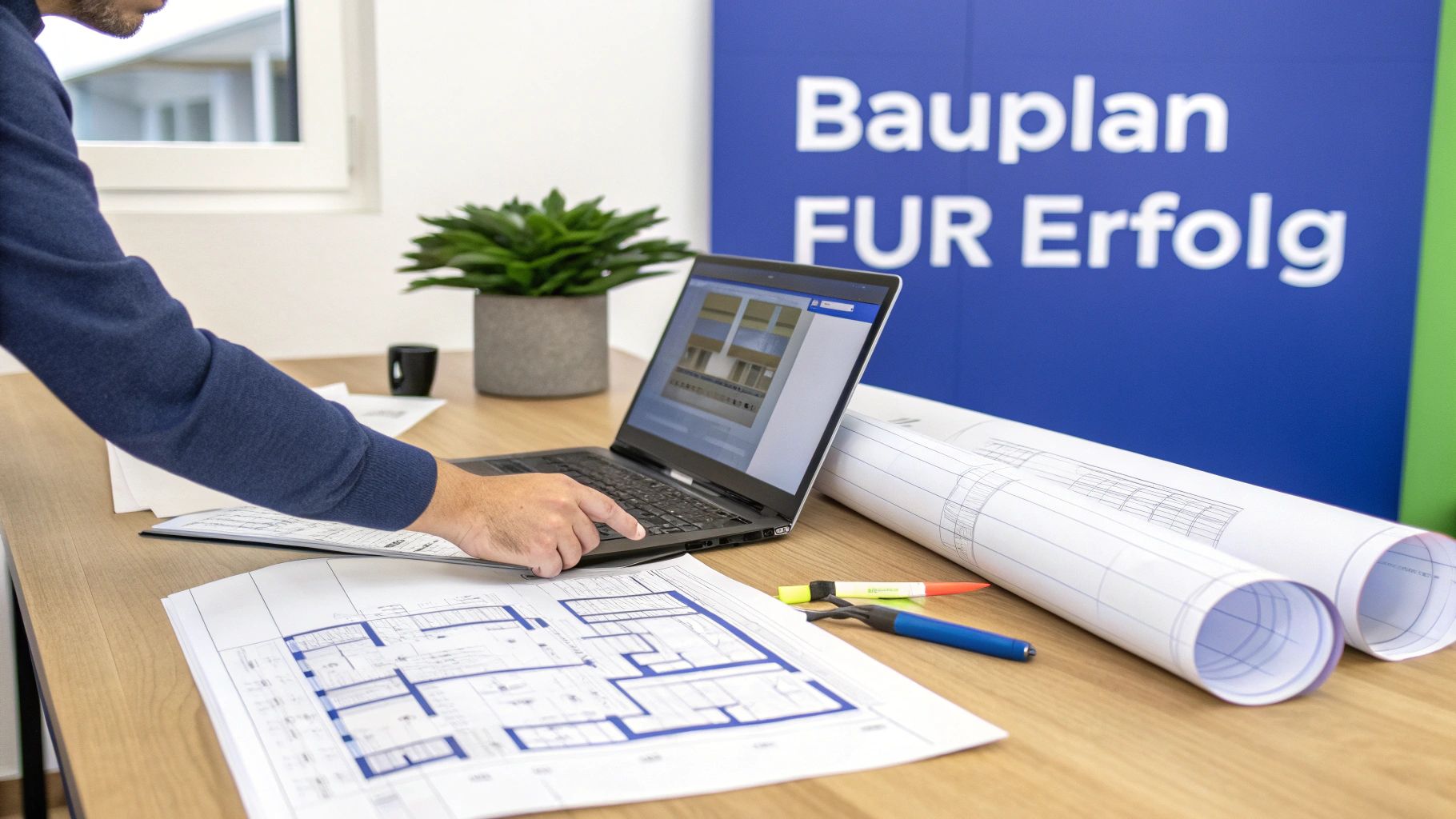 Eine Person arbeitet an einem Laptop mit Bauplänen auf dem Schreibtisch. Im Hintergrund ist ein Banner mit 'Bauplan FÜR Erfolg' zu sehen.
