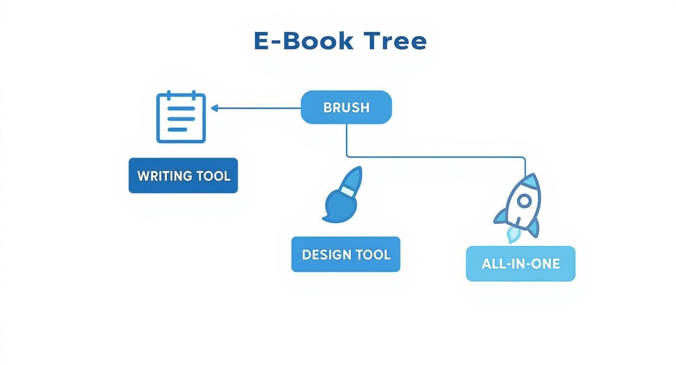 Infografik, die einen Entscheidungsbaum für die Auswahl des richtigen Ebook-Tools zeigt, mit Optionen für Schreib-, Design- und All-in-One-Software.