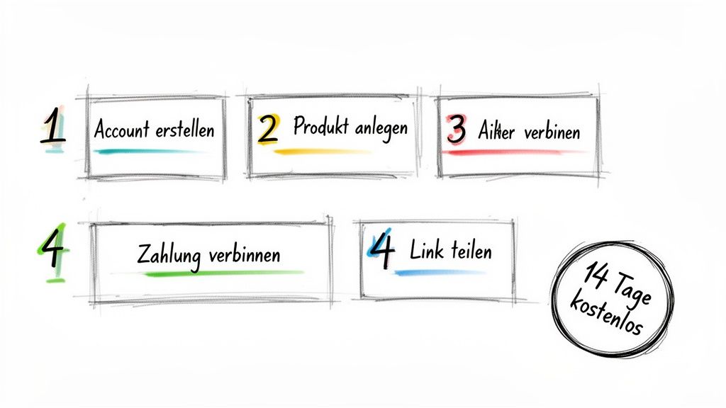 Infografik: Fünf Schritte zur Plattform-Einrichtung – Account, Produkt, Affiliate, Zahlung, Link teilen. 14 Tage kostenlose Nutzung.