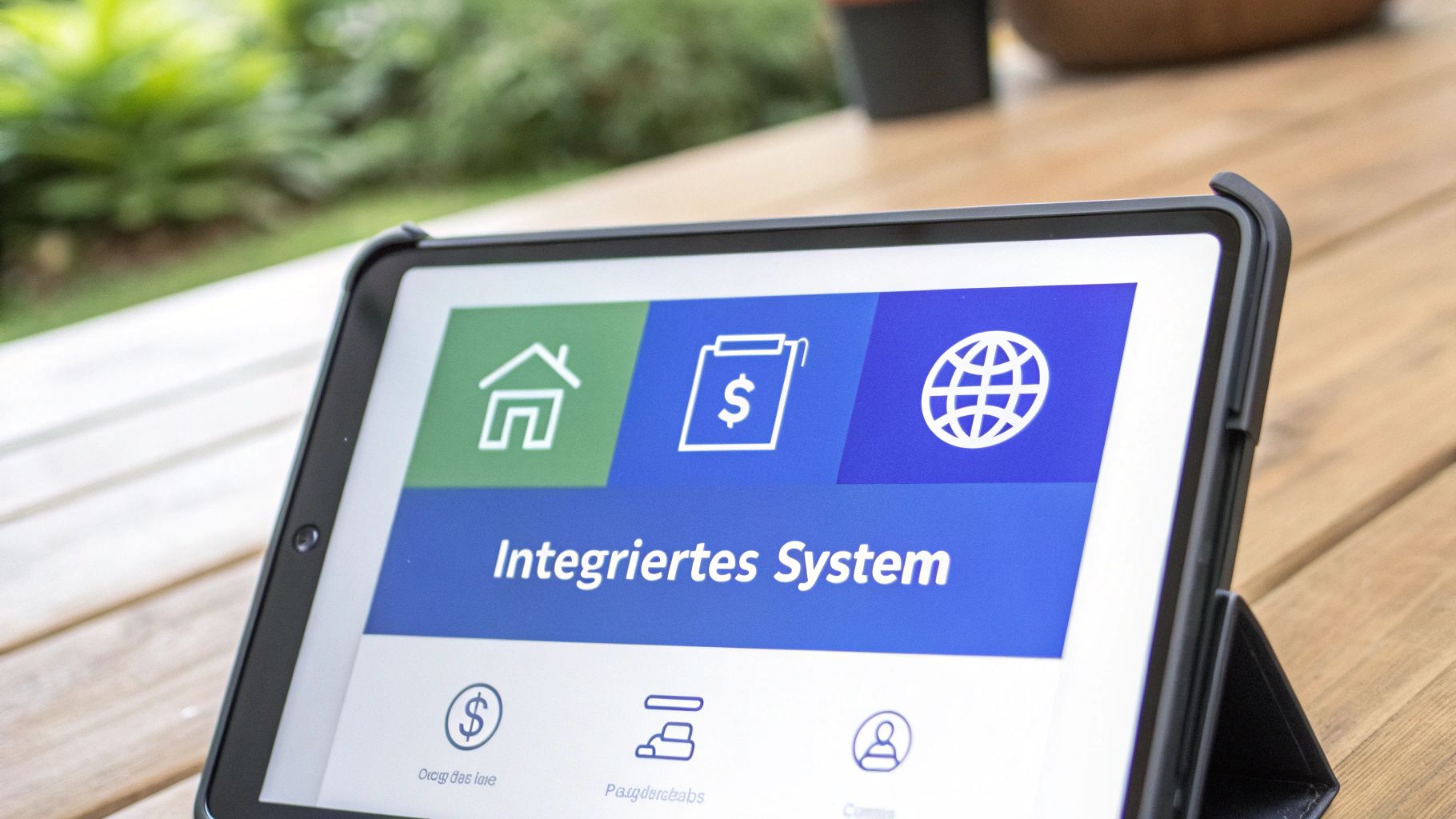 Eine Person sitzt an einem Schreibtisch und wählt auf einem Tablet aus verschiedenen Software-Symbolen, was die Entscheidung für die richtige Technologie darstellt.