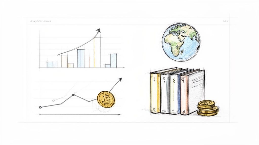 Handgezeichnete Skizzen von Finanzdiagrammen, Bitcoin-Wachstum, Globus, Büchern und Münzen.