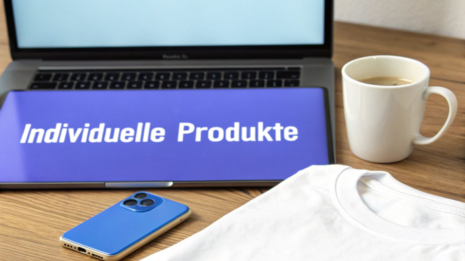 Laptop mit Text 'Individuelle Produkte' auf dem Bildschirm, daneben Kaffeetasse und blaues Smartphone auf Holztisch