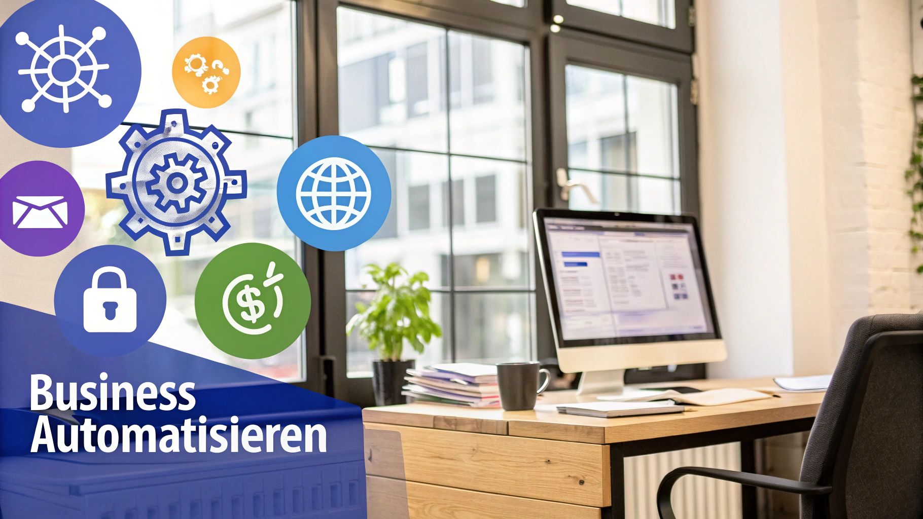 Ein digitaler Arbeitsplatz mit Grafiken, die Automatisierung und Wachstum visualisieren