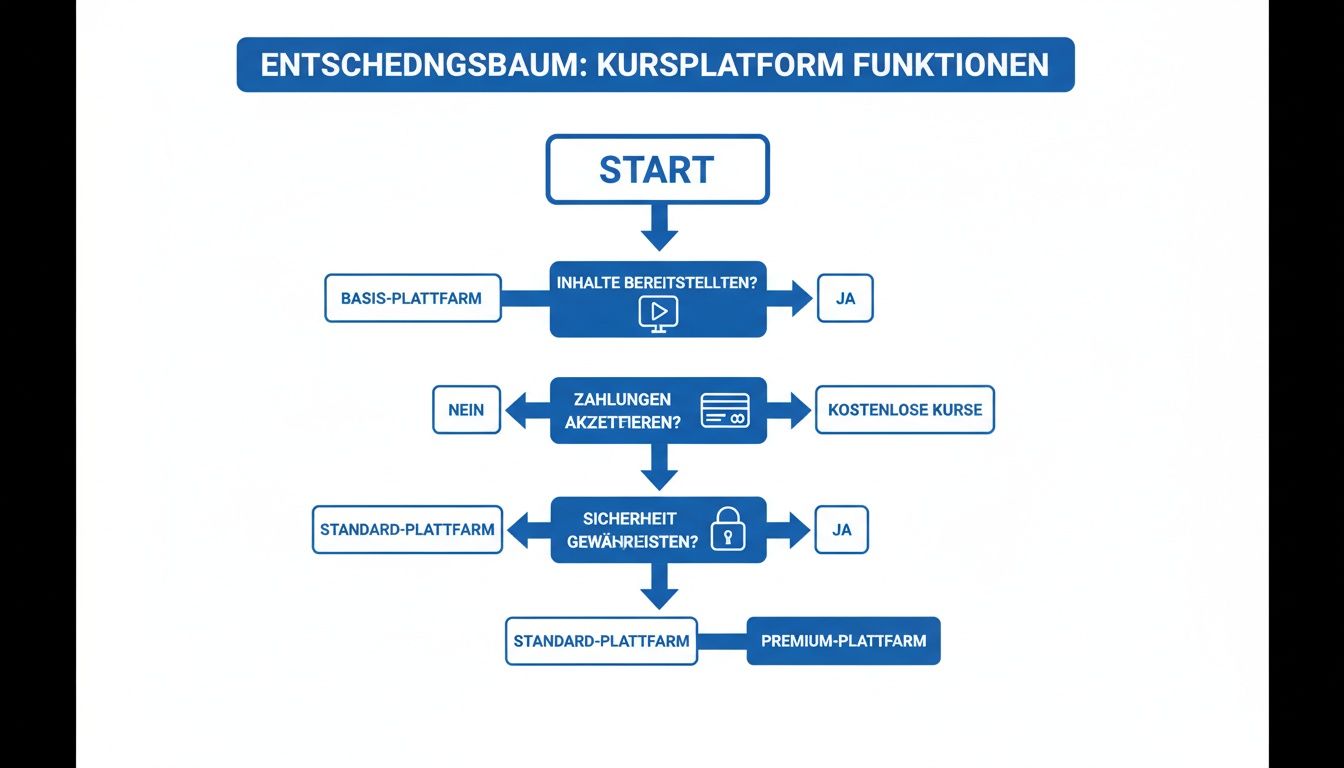 Ein Entscheidungsbaum zur Auswahl der richtigen Kursplattform, der Optionen wie Inhalte, Zahlungen und Sicherheit abdeckt.