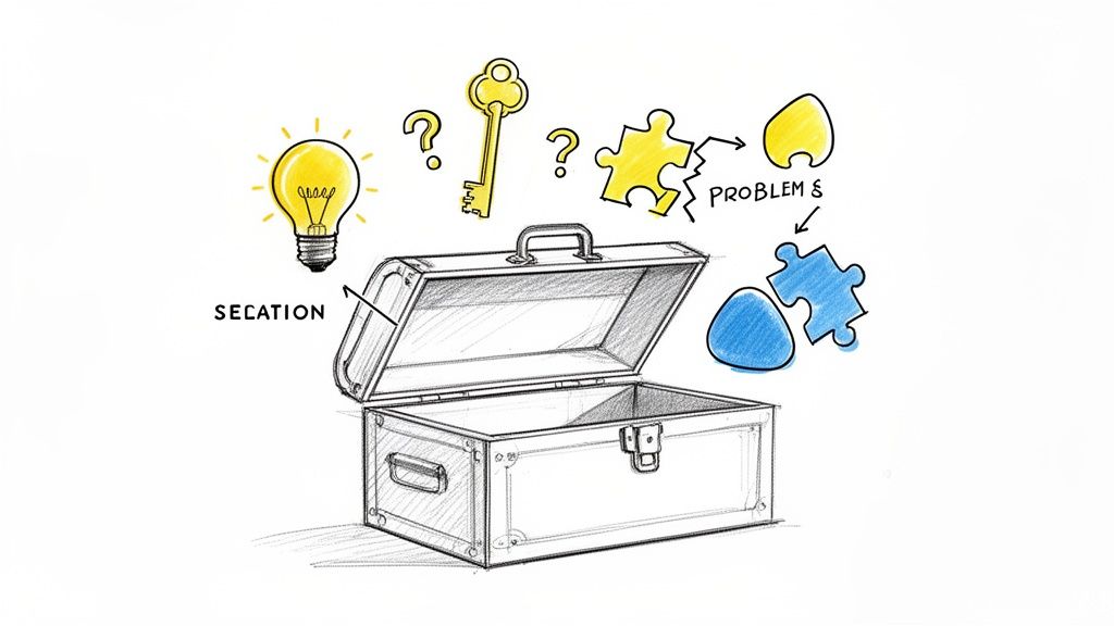 Skizze einer Glühbirne, eines Schlüssels, Puzzleteile und einer offenen Truhe, die Ideen und Problemlösungen symbolisiert.