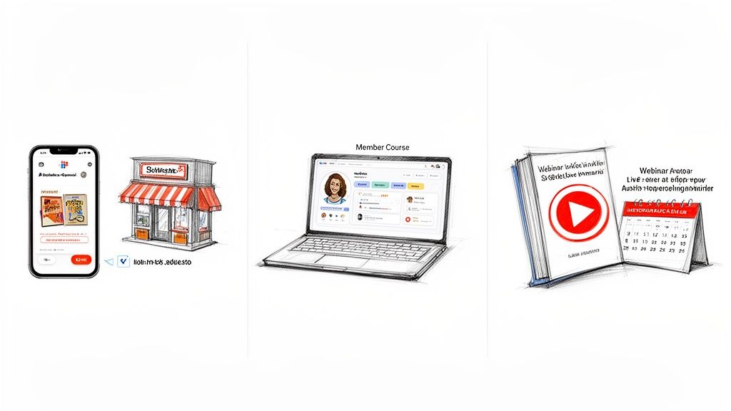 Drei Skizzen: ein Handy mit Online-Shop und Laden, ein Laptop mit Mitglieder-Kurs, und ein Buch mit Webinar-Kalender.