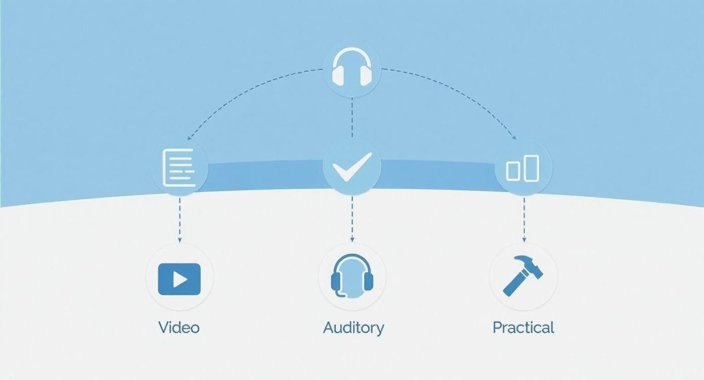 Ein Diagramm, das verschiedene Lernmethoden wie Video, auditives Lernen und praktische Anwendung darstellt, verbunden durch Symbole und gestrichelte Linien.