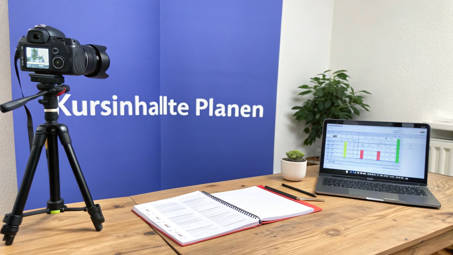 Professionelles Setup zur Erstellung von Online-Kursen mit Kamera, Laptop und Notizbuch auf Holztisch