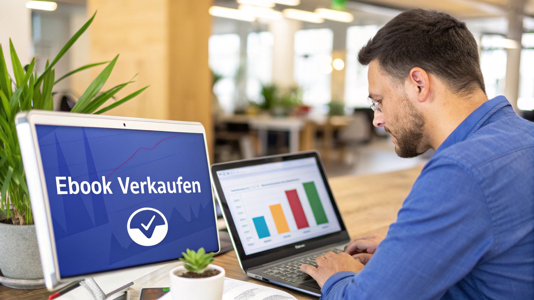 Mann arbeitet am Laptop mit Verkaufsdiagrammen, während ein zweiter Monitor "Ebook Verkaufen" anzeigt.