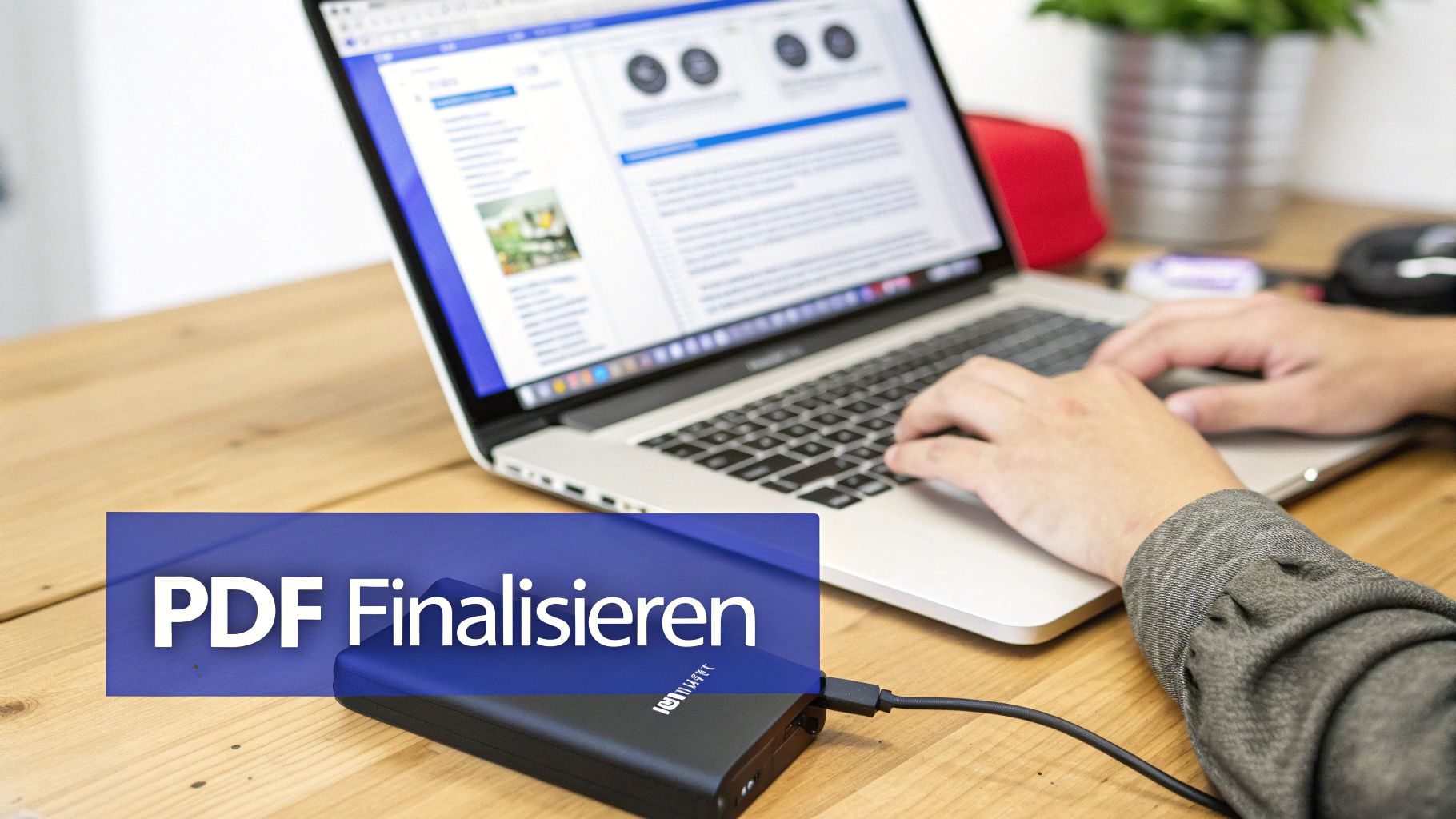Person arbeitet am Laptop und finalisiert ein PDF-Dokument auf einem Holztisch mit externer Festplatte.