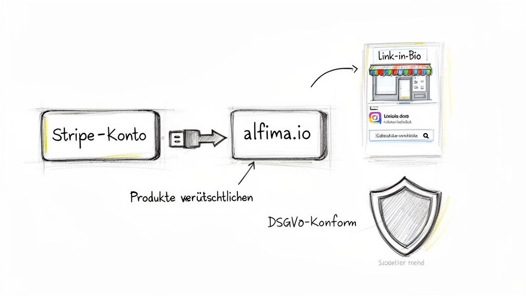 Diagramm: Stripe-Konto verbindet sich mit alfima.io für den Verkauf von Produkten im Link-in-Bio-Store, DSGVO-konform.