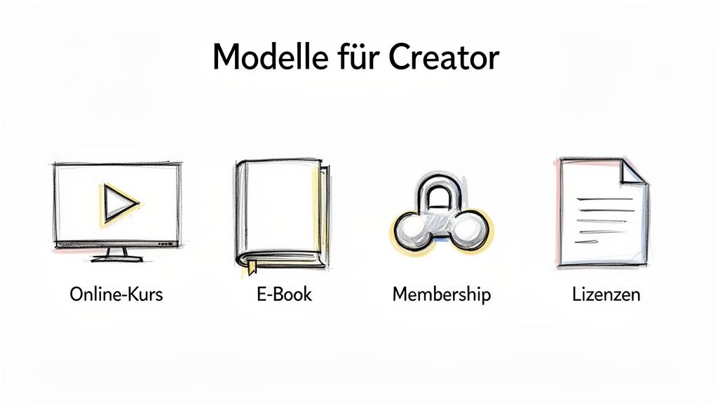 Vier Illustrationen zeigen verschiedene Modelle für Creator: Online-Kurs, E-Book, Membership und Lizenzen.