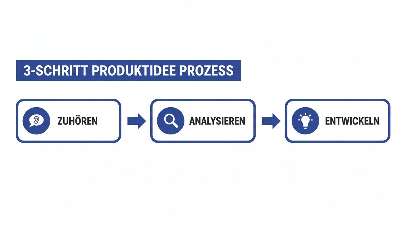Visualisierung des 3-Schritt Produktidee Prozesses: Zuhören, Analysieren und Entwickeln mit Icons und Pfeilen.