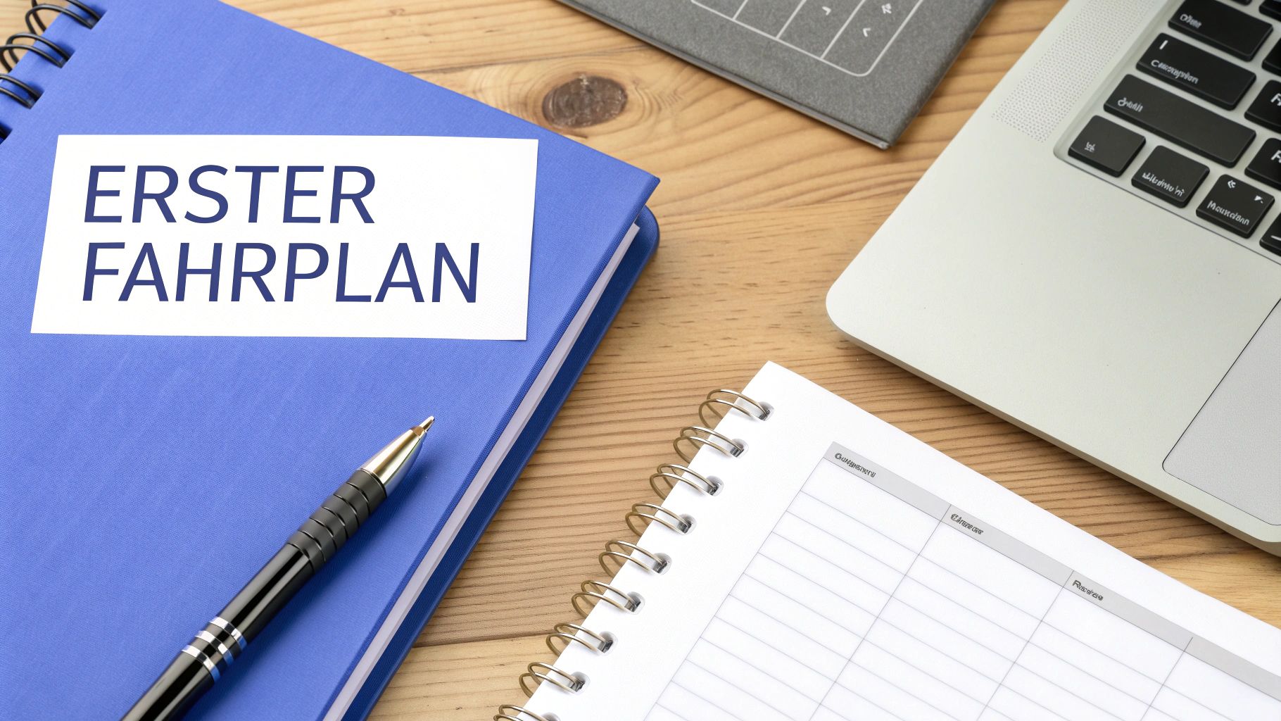 Blauer Notizblock mit der Aufschrift 'ERSTER FAHRPLAN', Stift, Laptop und Notizbuch auf einem Holztisch.