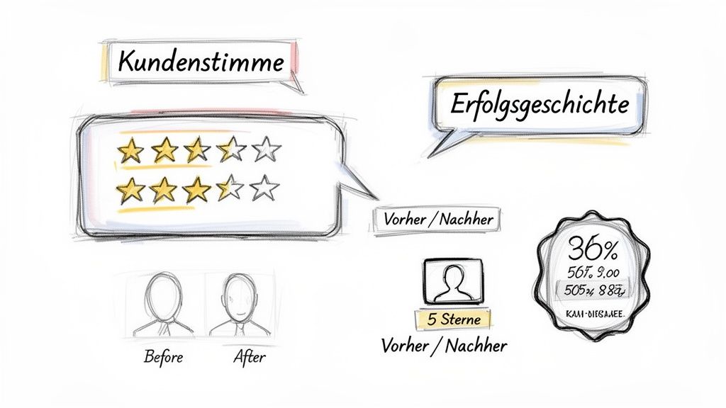 Skizzenhafte Darstellung von Kundenfeedback, Erfolgsgeschichten und Vorher-Nachher-Vergleichen mit Sternbewertungen.