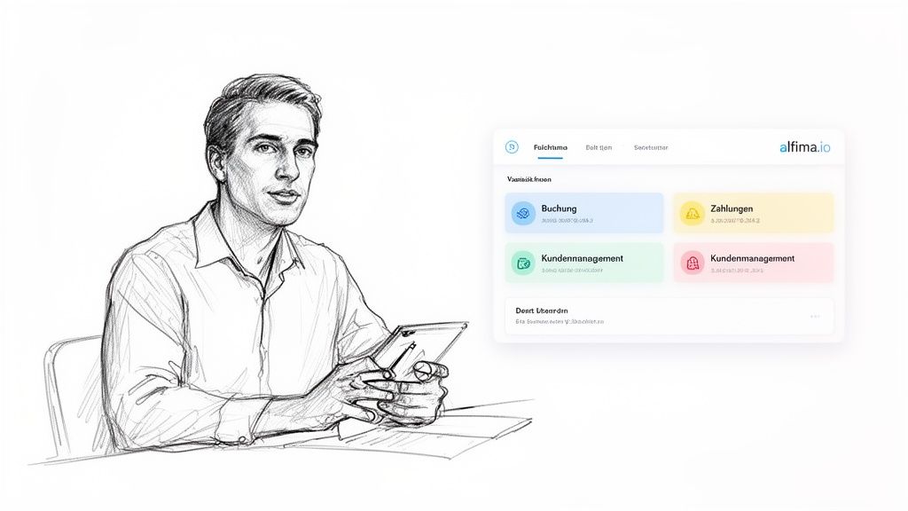 Skizze eines Mannes mit Tablet, daneben eine digitale Plattform für Buchung, Zahlungen und Kundenmanagement von alfima.io.