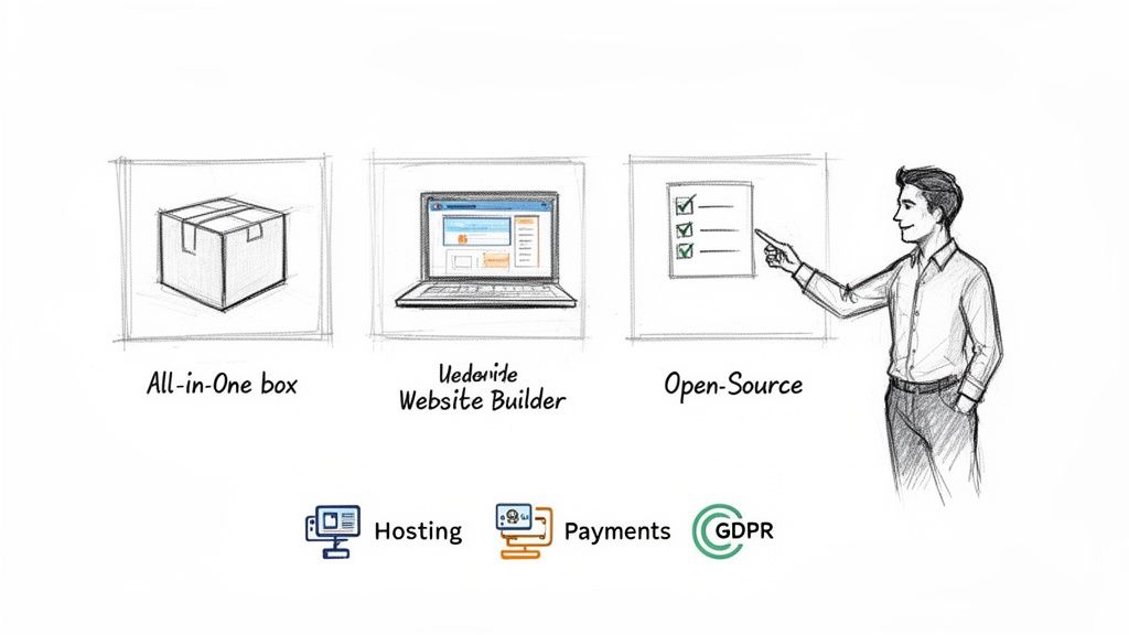 Diagramm zeigt Funktionen wie All-in-One-Box, Website-Builder, Open-Source, Hosting, Zahlungen und DSGVO.