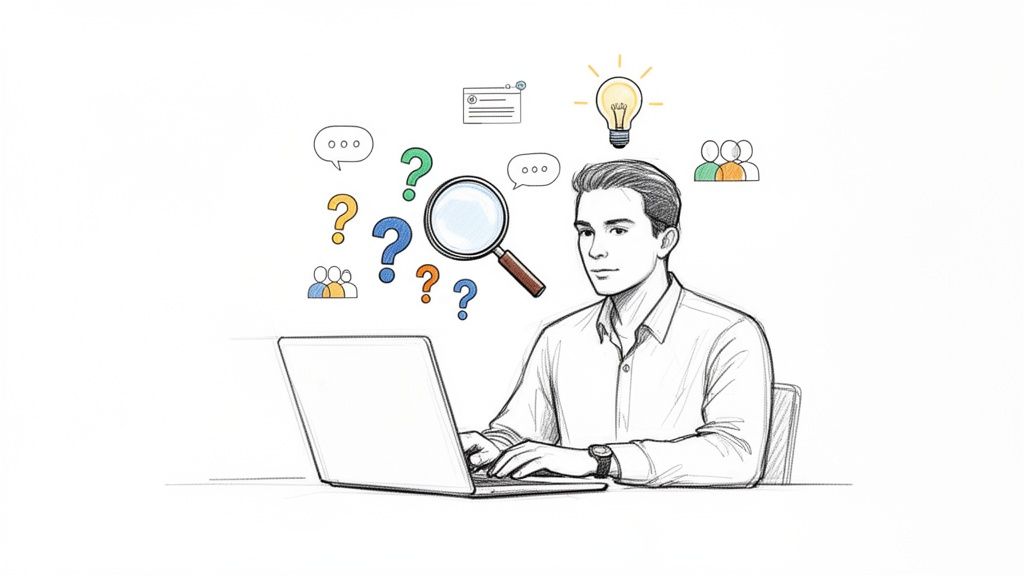 Ein Mann arbeitet am Laptop, umgeben von Icons für Fragen, Suche und Ideenfindung. Dies steht für Online-Lernen oder Kurserstellung.