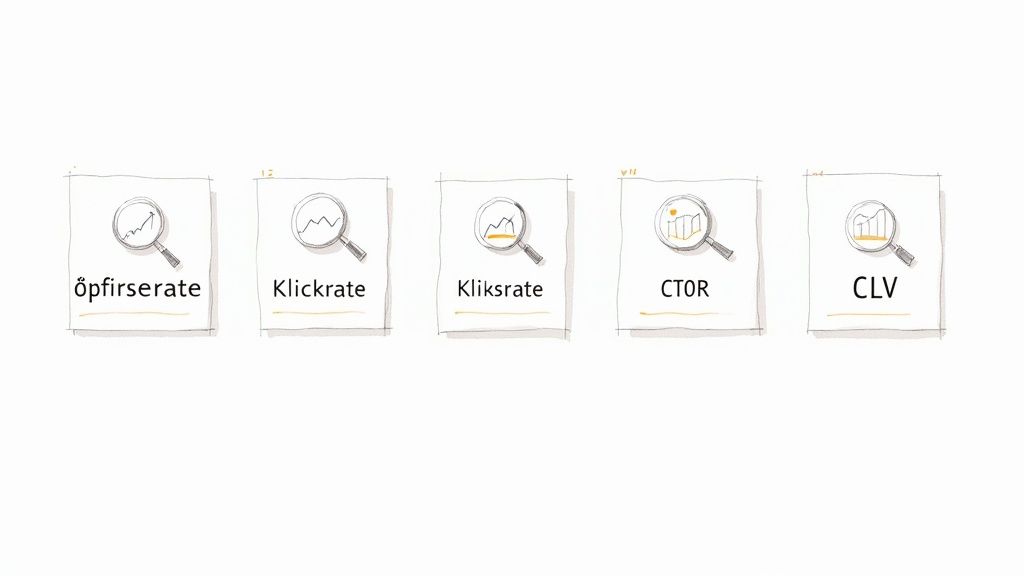 Fünf Karten mit Lupen und Diagrammen zeigen E-Mail-Marketing-Kennzahlen wie 'öpferserate', 'Klickrate', 'Kliksrate', CTOR und CLV.