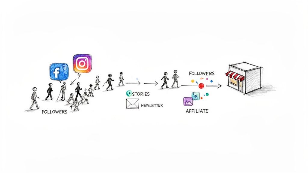 Marketing-Trichter: Follower von sozialen Medien (Facebook, Instagram) werden über Stories, Newsletter und Affiliate-Marketing zu einem Shop geleitet.