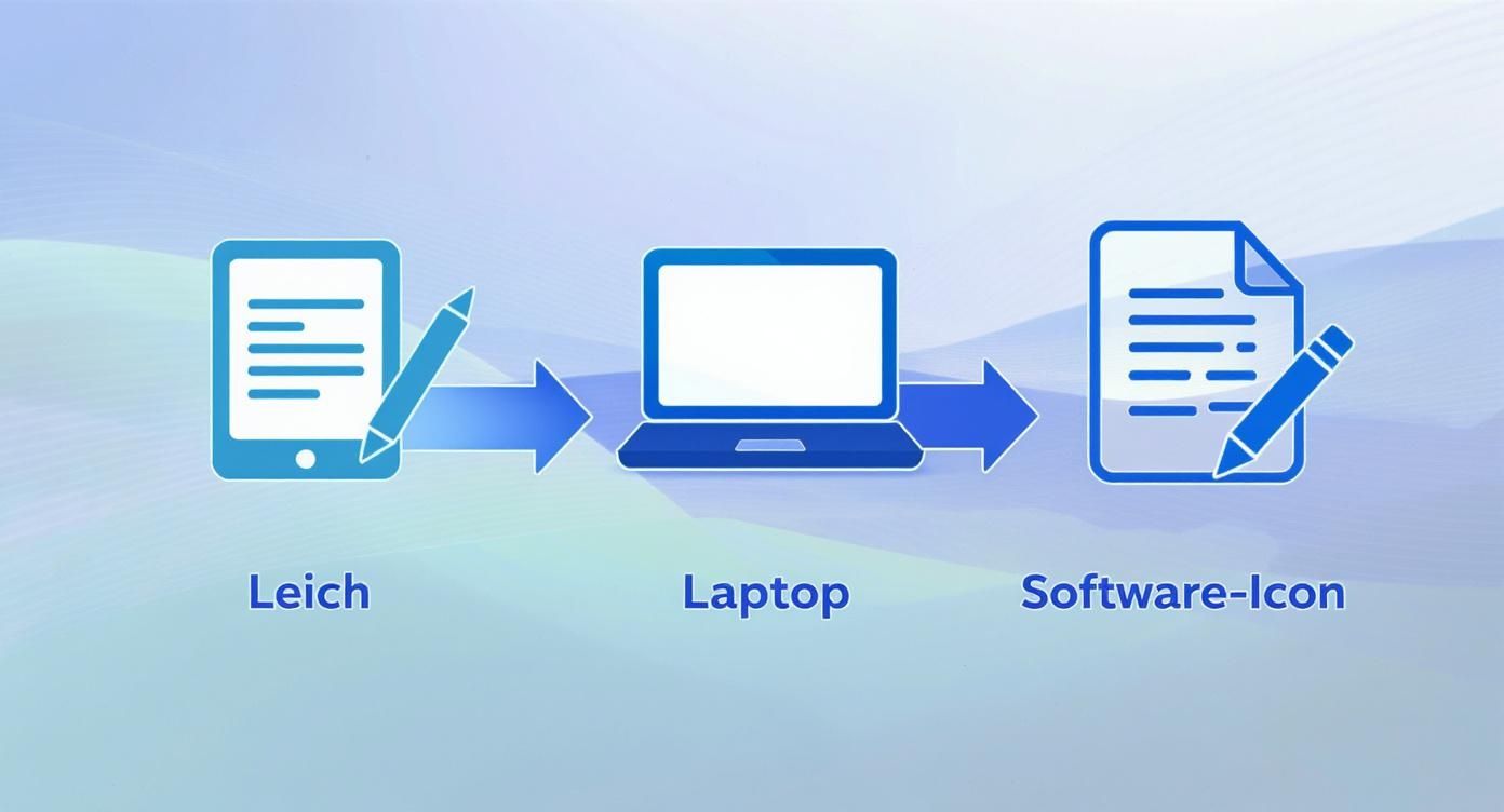 Flussdiagramm der E-Book-Erstellung: Von Tablet mit Stift über Laptop zu digitalem Dokument.