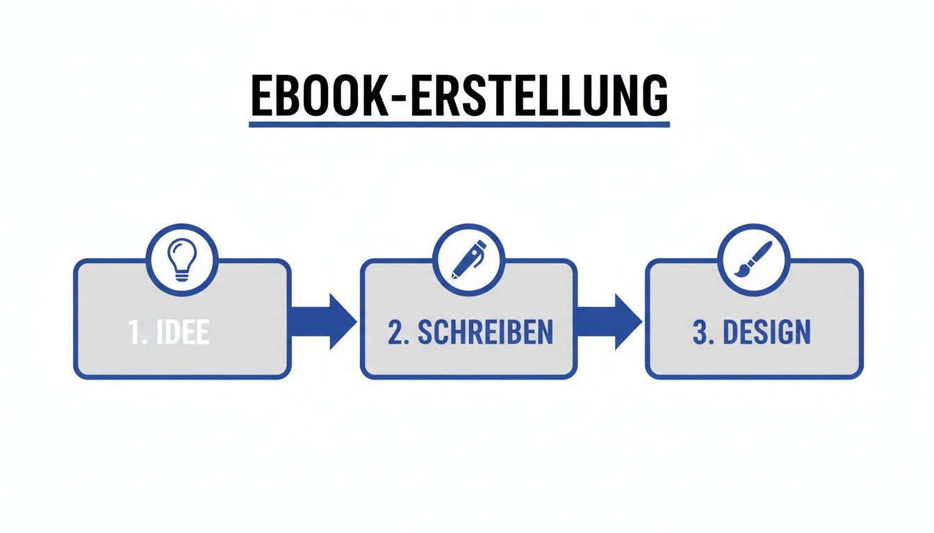 Bild, das den dreistufigen Prozess der Ebook-Erstellung zeigt: Idee, Schreiben und Design.