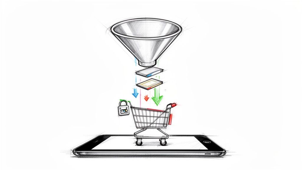 Skizze eines Trichters, der Daten über Pfeile in einen sicheren Einkaufswagen auf einem Smartphone leitet.