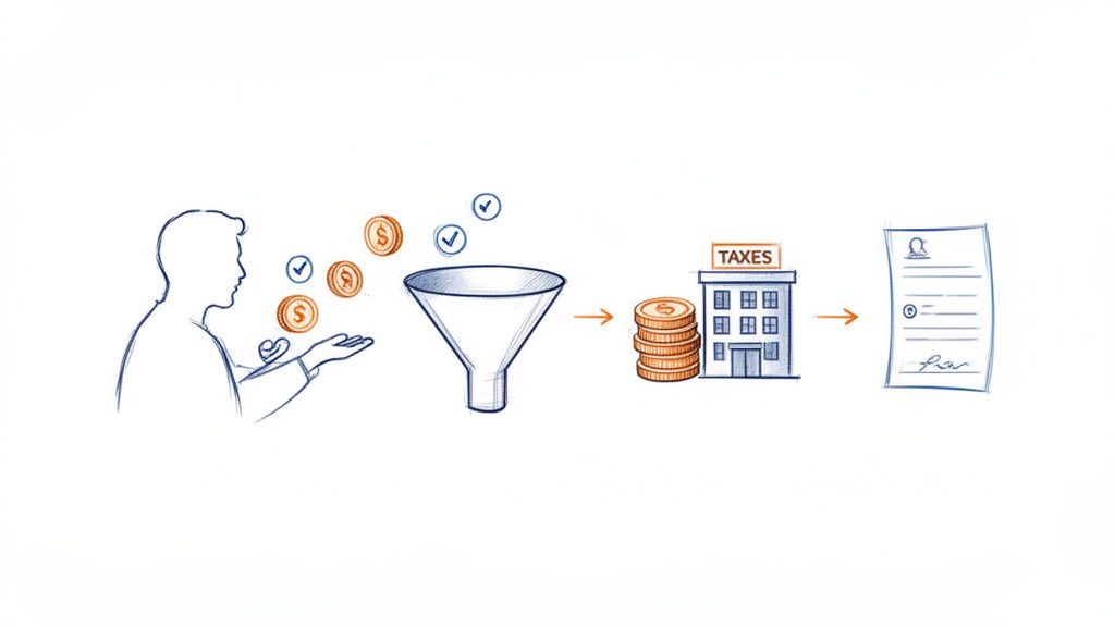 Flussdiagramm: Person generiert Einkommen, das durch einen Trichter zu Steuern und einem Steuerdokument verarbeitet wird.