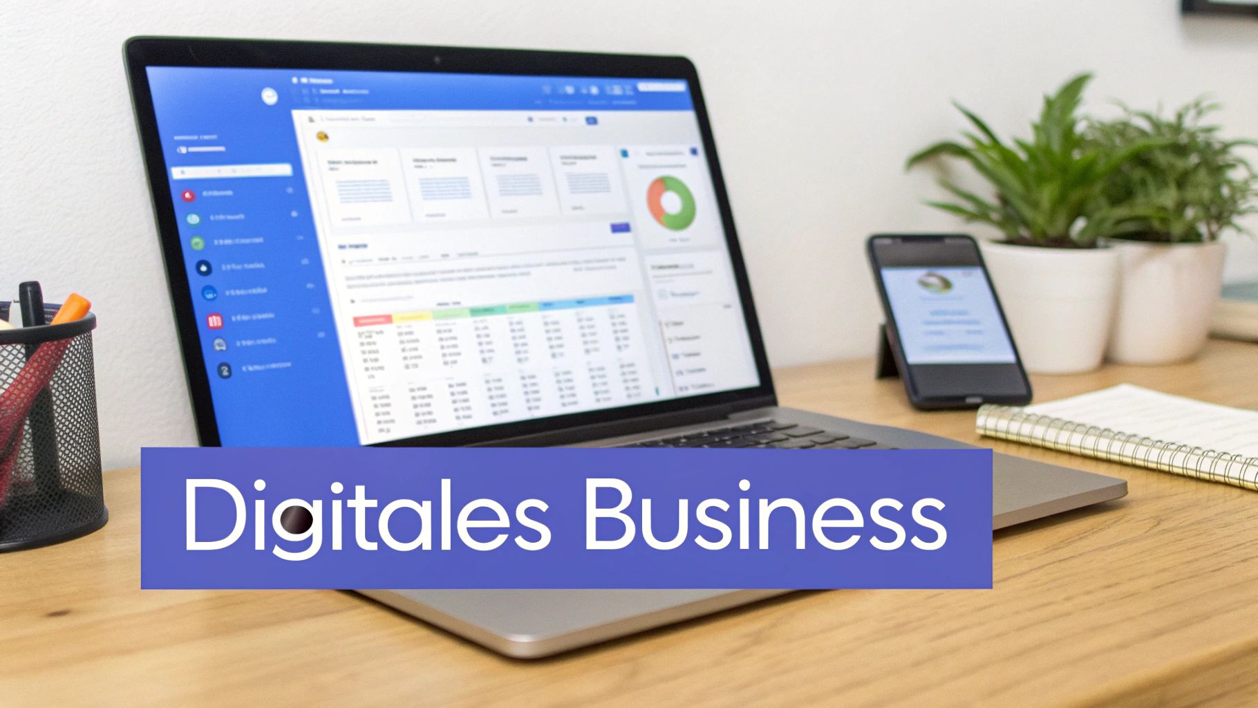 Eine Person sitzt an einem Schreibtisch und arbeitet strategisch am Laptop, um online Kunden zu gewinnen, mit Grafiken von Verkaufstrichtern und Kundenprofilen.