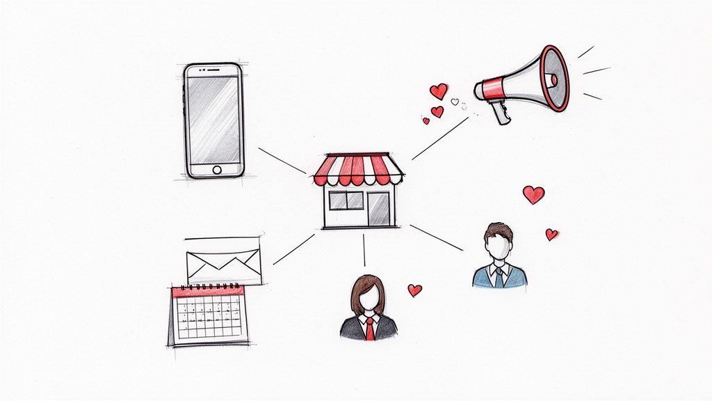 Ein Geschäft ist mit Smartphone, E-Mail, Kalender, Megafon und zufriedenen Kunden verbunden, zeigt Kundenbindung.