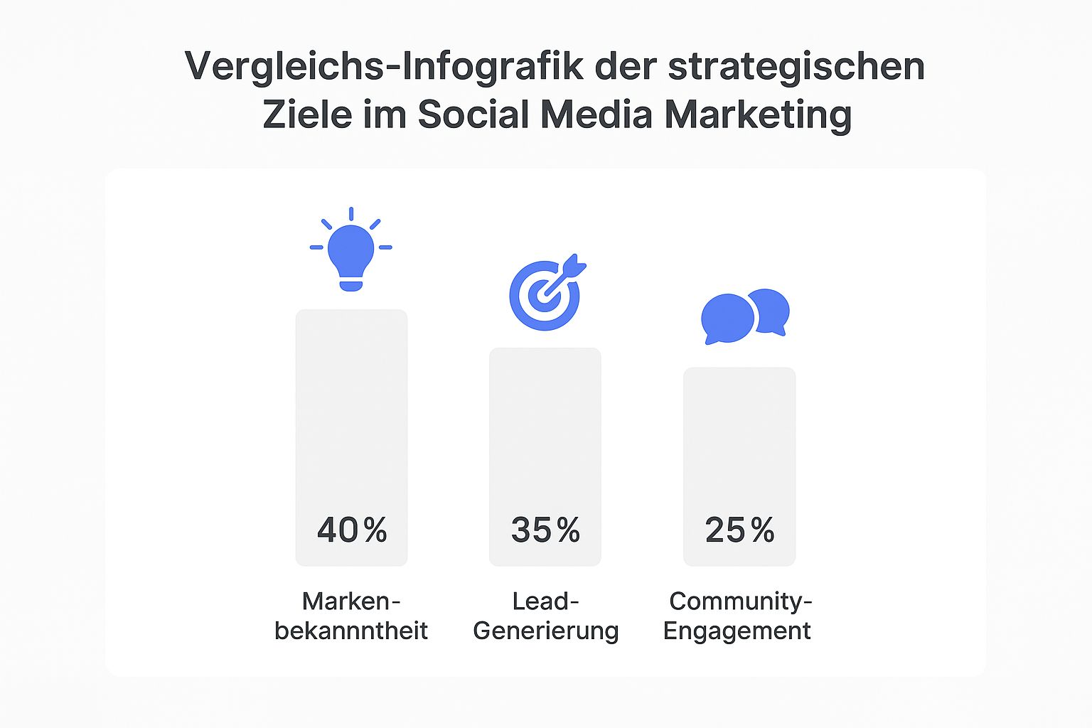 Infografik, die die strategischen Ziele im Social Media Marketing vergleicht: Markenbekanntheit (40%), Lead-Generierung (35%) und Community-Engagement (25%)