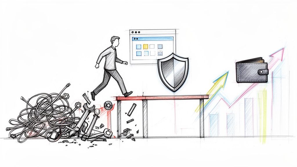 Mann überwindet Hindernisse zu Online-Sicherheit und finanziellem Wachstum, dargestellt durch ein Schild und ein Diagramm.