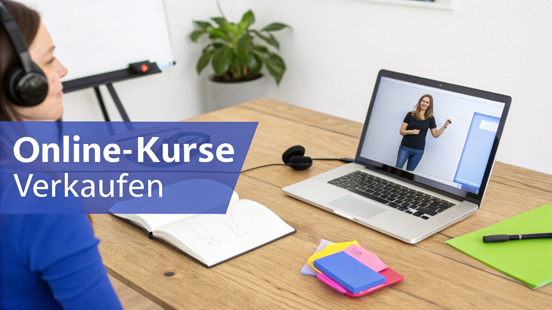 Person mit Headset nimmt an Online-Kurs teil, Laptop zeigt Dozentin, Notizen und buntes Büromaterial auf Holztisch