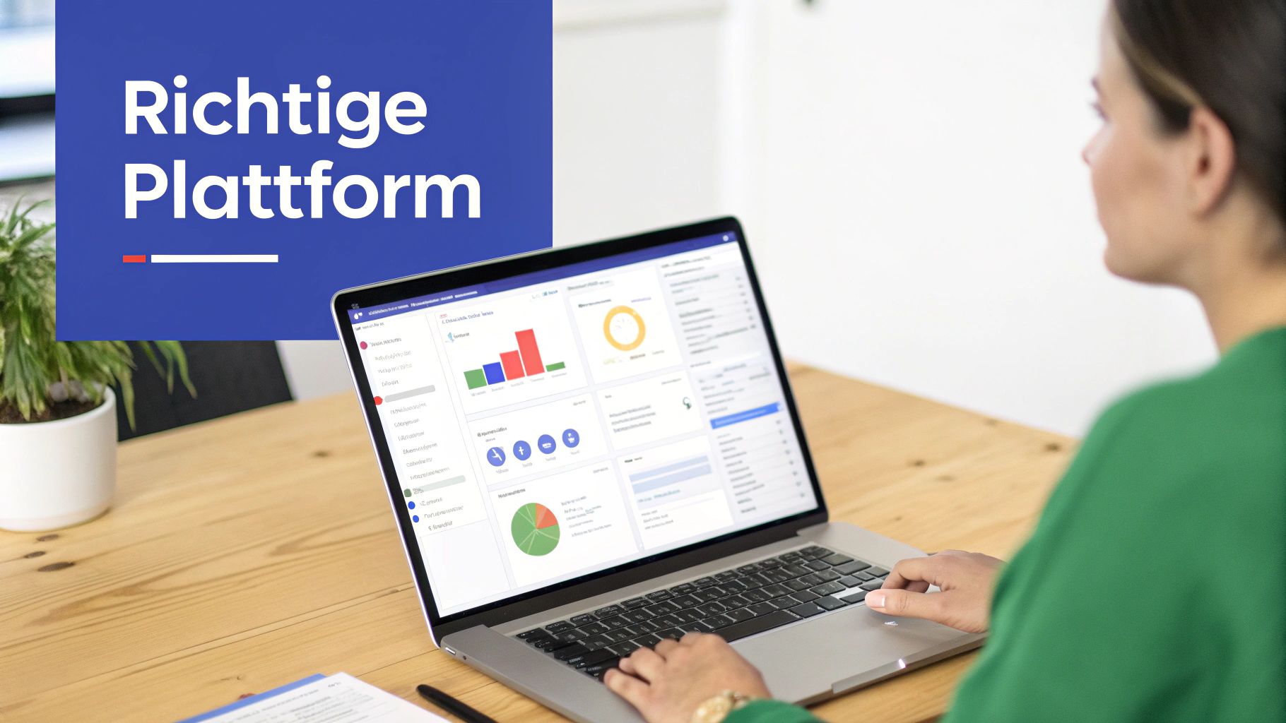 Eine Person arbeitet an einem Laptop mit einem Dashboard, das Analysedaten und Grafiken anzeigt. Die richtige Plattform.