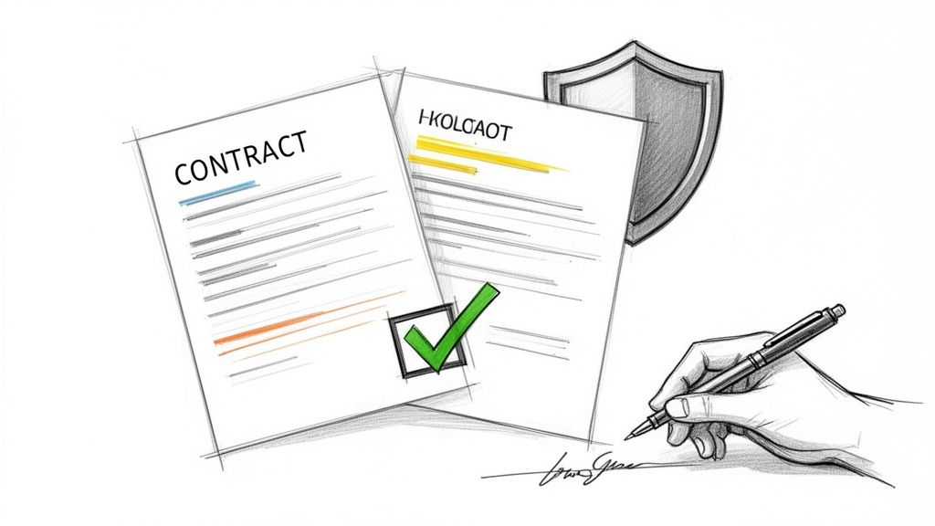 Skizze von Verträgen mit grüner Bestätigung, einem Schutzschild und einer Hand, die eine Unterschrift leistet.