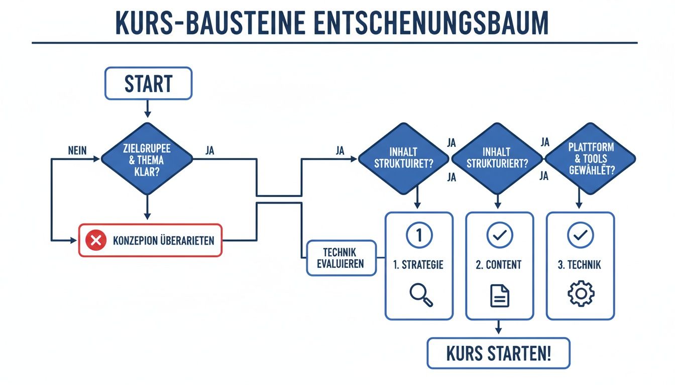 Ein Flussdiagramm, das den Entscheidungsprozess für die Erstellung von Kursbausteinen darstellt, von der Konzeption bis zum Start.