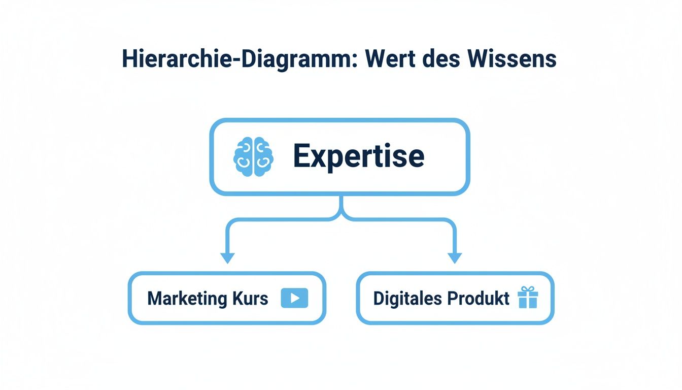 Hierarchie-Diagramm visualisiert, wie Expertise zu einem Marketing Kurs und einem digitalen Produkt führen kann.