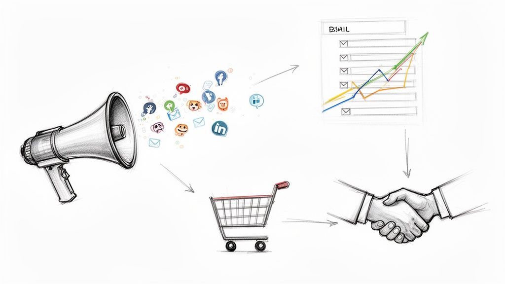 Ein Megafon sendet Social-Media-Symbole aus, die zu einem Einkaufswagen und Geschäftserfolg führen.