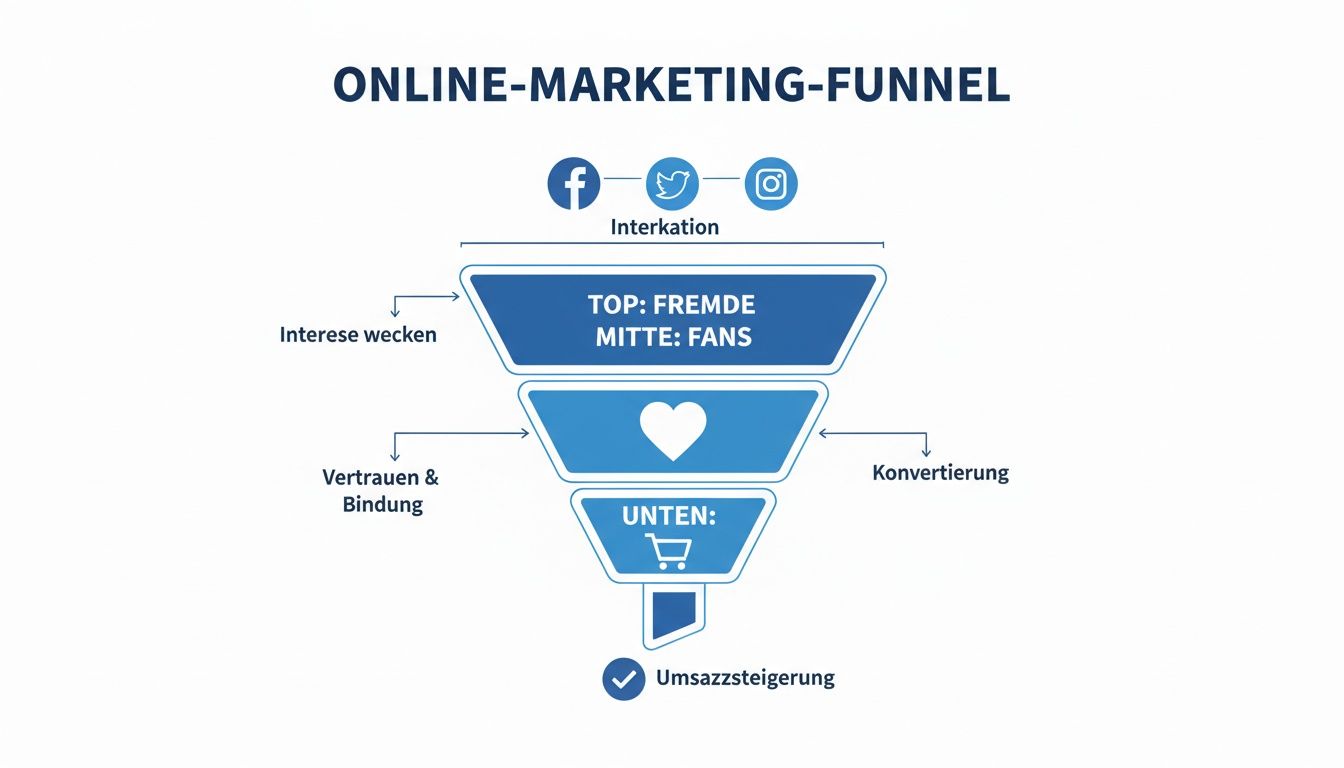 Ein detailliertes Diagramm eines Online-Marketing-Funnels mit sozialen Medien, Phasen von Fremden zu Fans und Umsatzsteigerung.