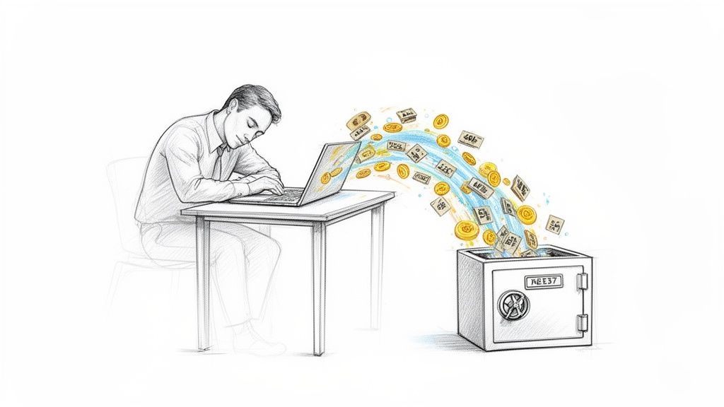 Skizze: Ein Mann arbeitet am Laptop, während Geld von seinem Bildschirm in einen Tresor fließt.