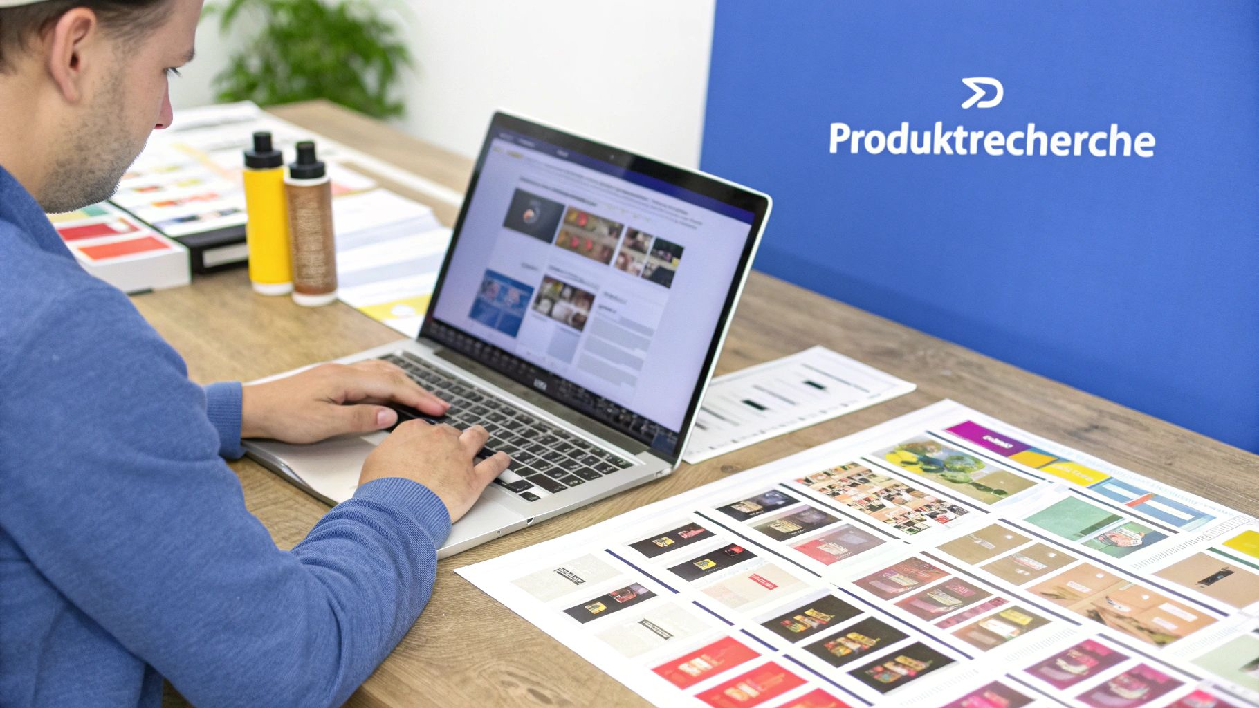 Eine Person sitzt an einem Schreibtisch und entwickelt Ideen für digitale Produkte auf Haftnotizen.